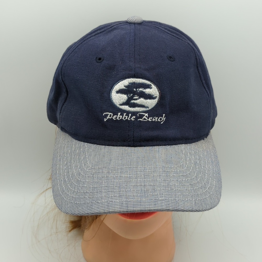Vintage Pebble Beach Golf Hat Cap Navy Blue Gingham Pattern Adjustable Town Talk